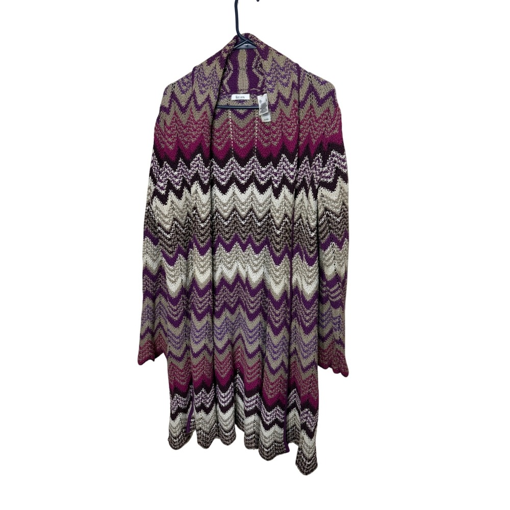 Liz & Co Womens Purple Chevron Zig Zag Open Front Longline Cardigan Sweater L